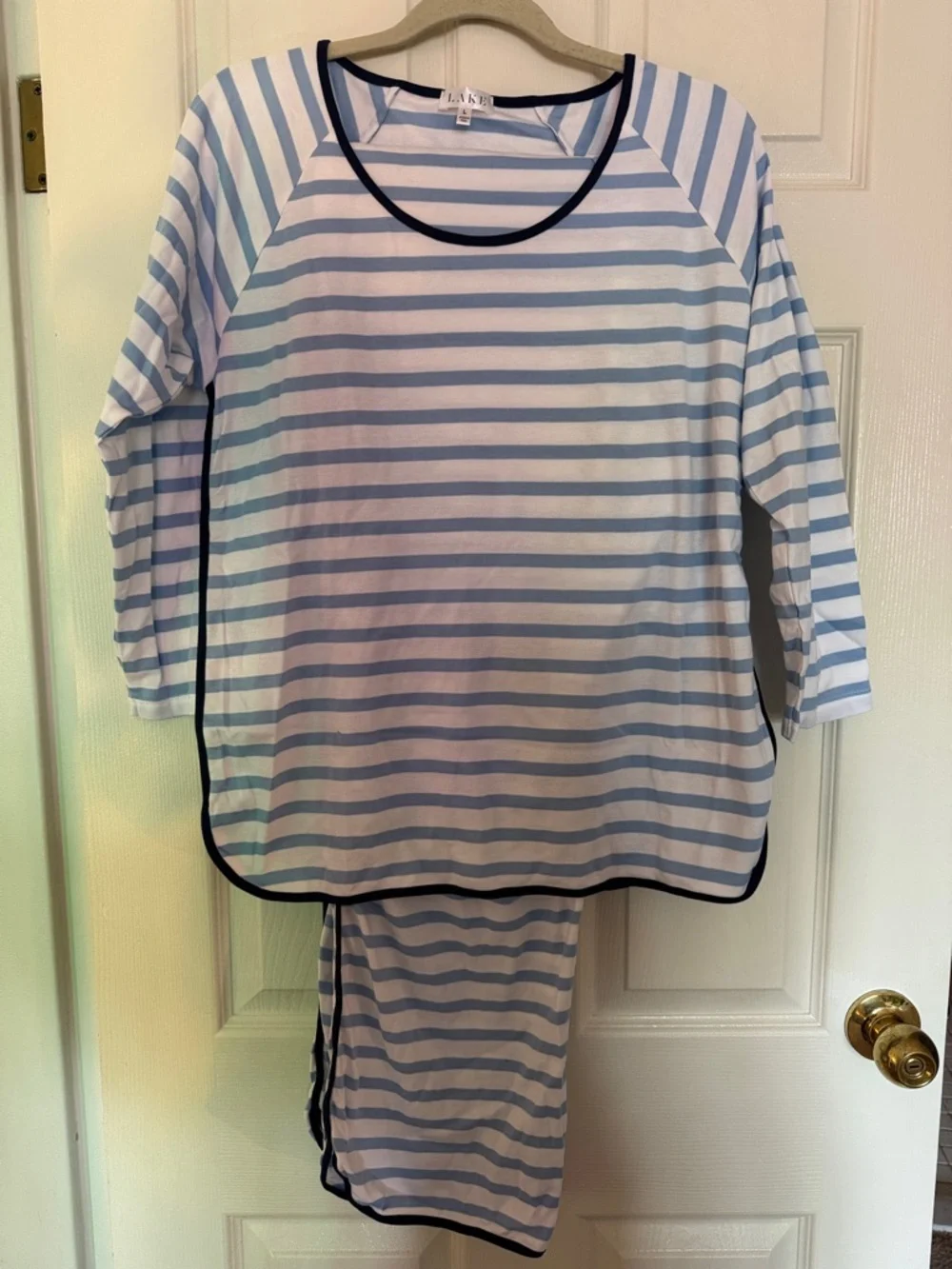 NWOT Lake Pajamas: Pima Long-Long Set in Hydrangea & Navy - Picture 6 of 11